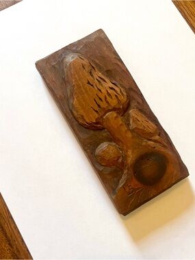 vtg carved wood plaque Mushroom art 70s 1975 handmade folk goblincore